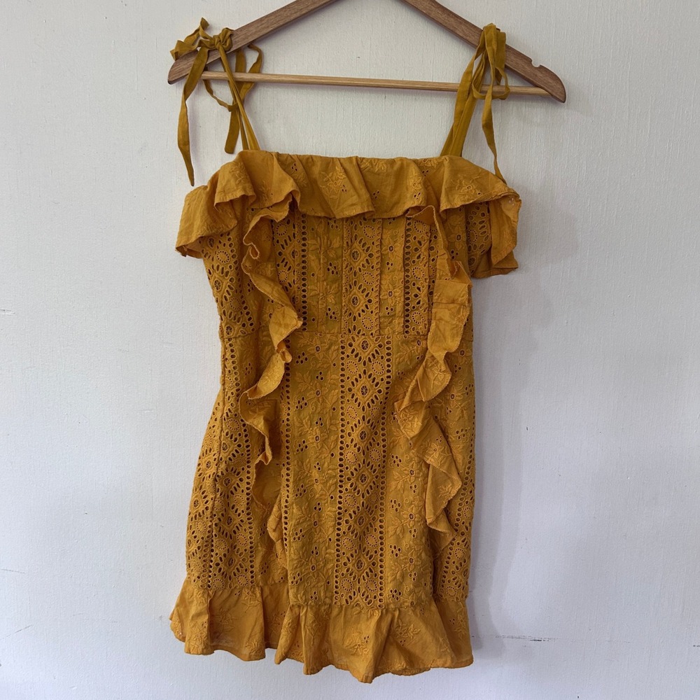 Majorelle Mustard Eyelet Mini Dress Tie Strap Cotton Small Boho Cottagecore